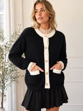 11. EASEL Black & Cream Bouclé Button-Front Jacket